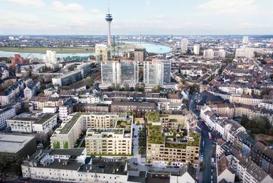 DU! Dachgarten Unterbilk schließt Lücke in Unterbilk.
Rechts: 1. Bauabschnitt mit 91 geförderten und preisgedämpften Wohnungen
Links: 2. Bauabschnitt mit 149 frei-finanzierten Miet- und Eigentumswohnungen - © BPD Immobilienentwicklung / HH Vision