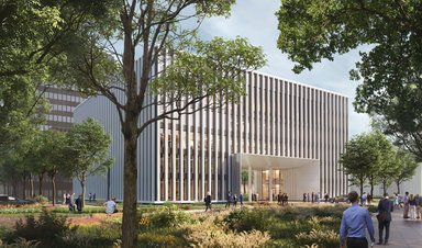 Das neue Messe Düsseldorf Headquarter umfasst den Neubau Messe Cube und den revitalisierten Messeturm B, der in ein modernes Bürogebäude überführt wird. - © sop architekten / Visualisierung fancy