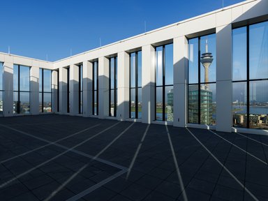 Die Büroeinheiten des OFFICEHOME Rise lassen
sich flexibel gestalten und werden durch großzügige Gemeinschaftsflächen ergänzt – darunter
ein begrünter Innenhof, ein Dachgarten mit 360-Grad-Panoramablick über Düsseldorf sowie ein
eigener Fitnessbereich, der das Arbeitsumfeld zusätzlich aufwertet. - © PANDION / Fotograf: Simon Büttner