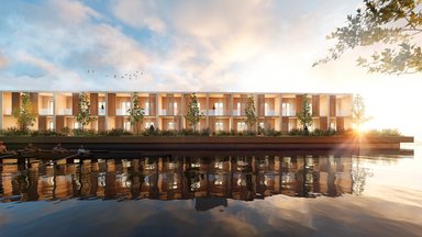Visualisierung Gebäude in Holzmodulbauweise - Floating Homes - Neuer Wohn-/Arbeitsraum auf dem Wasser im Medienhafen. - © STRUCTURELAB Architekten