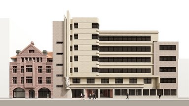 Das Gebäude der ehemaligen Ortskrankenkasse für Fabrik- und Metallarbeiter wurde um 1904 erbaut und in den 1920er Jahren von der Architektengemeinschaft Schöffler, Schloenbach und Jacobi im Stil der Reformarchitektur erweitert. Seine beeindruckende Fassade wurde als Zeitzeugnis für das „Neue Bauen“ unter Denkmalschutz gestellt. - © Eller + Eller Architekten