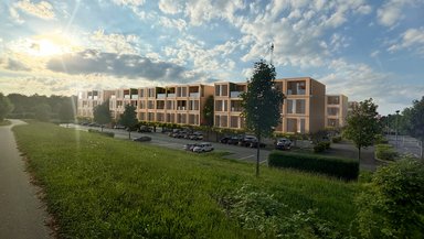 Visualisierung Parkplatzüberbauung. Beispiel Möbel Höffner Neuss - Ansicht mit Überbauung mit Holzmodulen - © STRUCTURELAB Architekten
