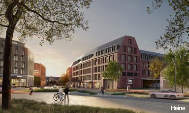 Als Pendant zum Hotel im Monheimer Tor auf der linken Seite soll Haus 1 auf der rechten Seite den neuen Eingang zur Innenstadt komplettieren. Das Stadtmöbelhaus Jysk könnte im Erdgeschoss einziehen.  - © Visualisierung: Heine Architekten