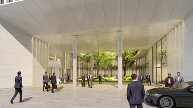 Inmitten seiner klar strukturierten, homogenen Fassade öffnet sich ein breites und leicht zulaufendes Eingangsportal, das den Blick des Betrachters in einen grünen, üppig bepflanzten Innenhof lenkt.  - © sop architekten / Visualisierung fancy