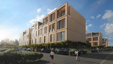 Visualisierung Parkplatzüberbauung. Beispiel Möbel Höffner Neuss - Ansicht mit Überbauung mit Holzmodulen - © STRUCTURELAB Architekten