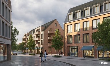 An Rathausplatz und Ingeborg-Friebe-Platz sind vier Häuser mit Platz für Einzelhandel, Büroflächen und 60 Wohnungen geplant.  - © Visualisierung: Heine Architekten