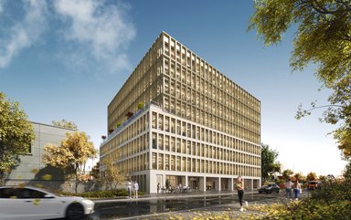 Mit dem Timber Port entsteht im Düsseldorfer Medienhafen ein neues, nachhaltiges und klimafreundliches Niedrigenergiegebäude in Holz-Hybrid-Bauweise.  - © UBM / sooii